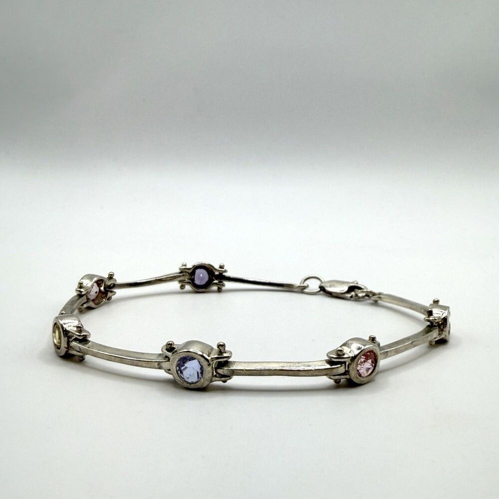 925 Sterling Silver Multicolor Gemstone Bar Link Bracelet 7" 9g
